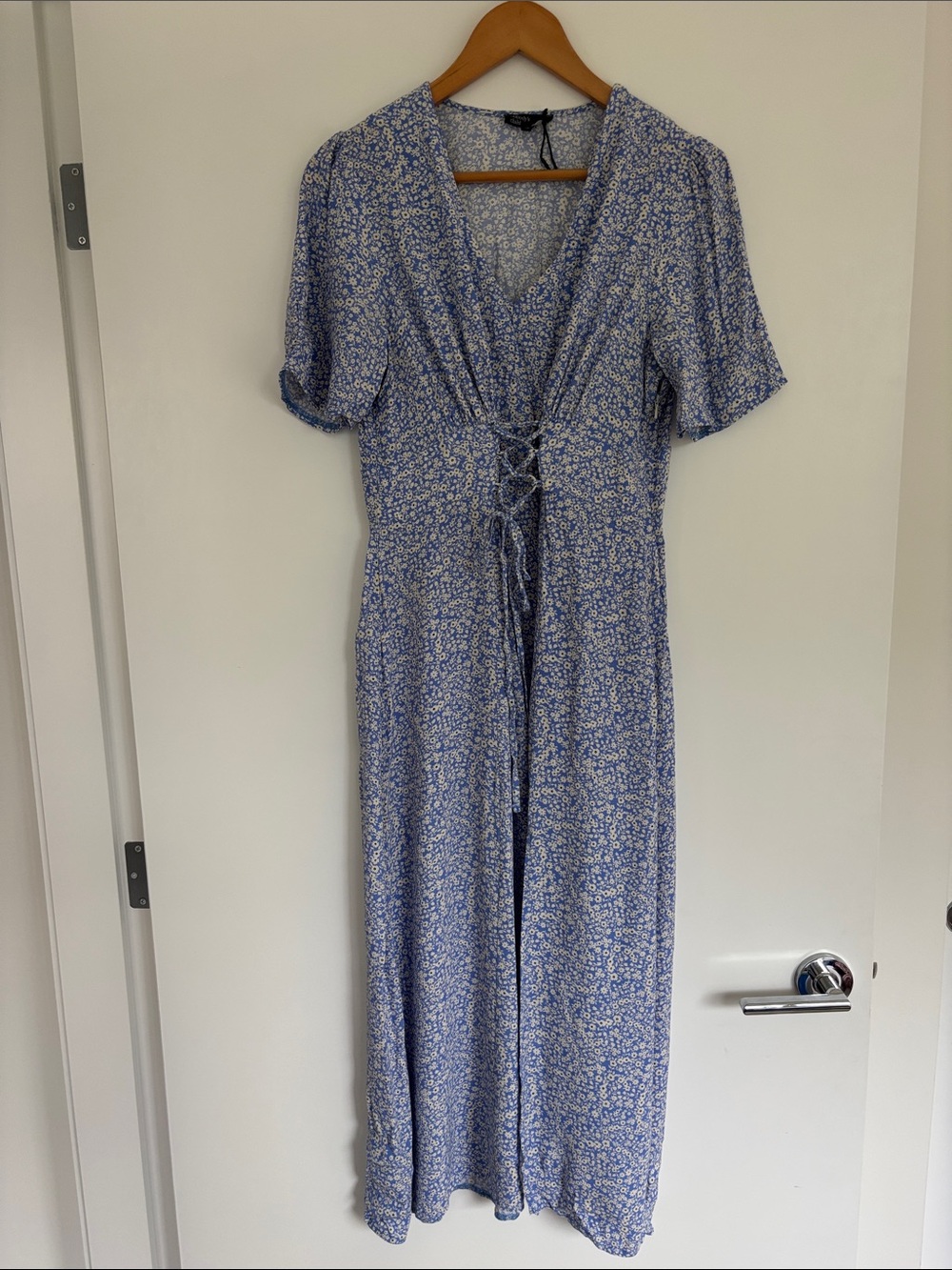 Blue Floral Lace-Up Maxi Dress